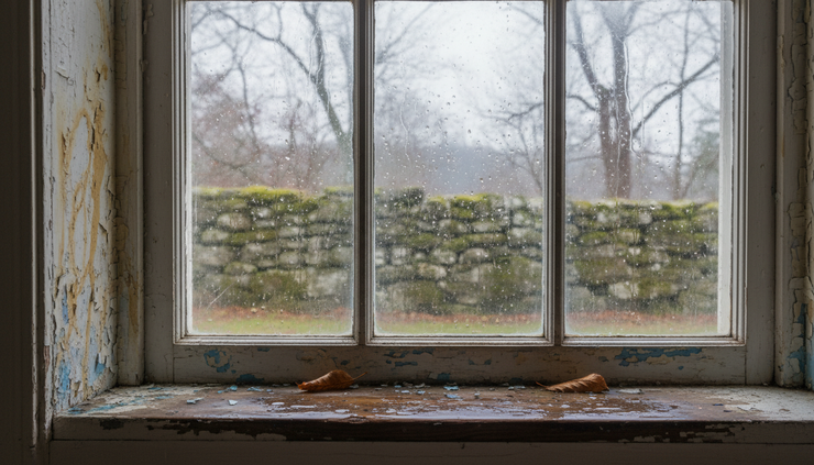 Close-up view of water staining and peeling paint around an interior window after wind-driven rain.