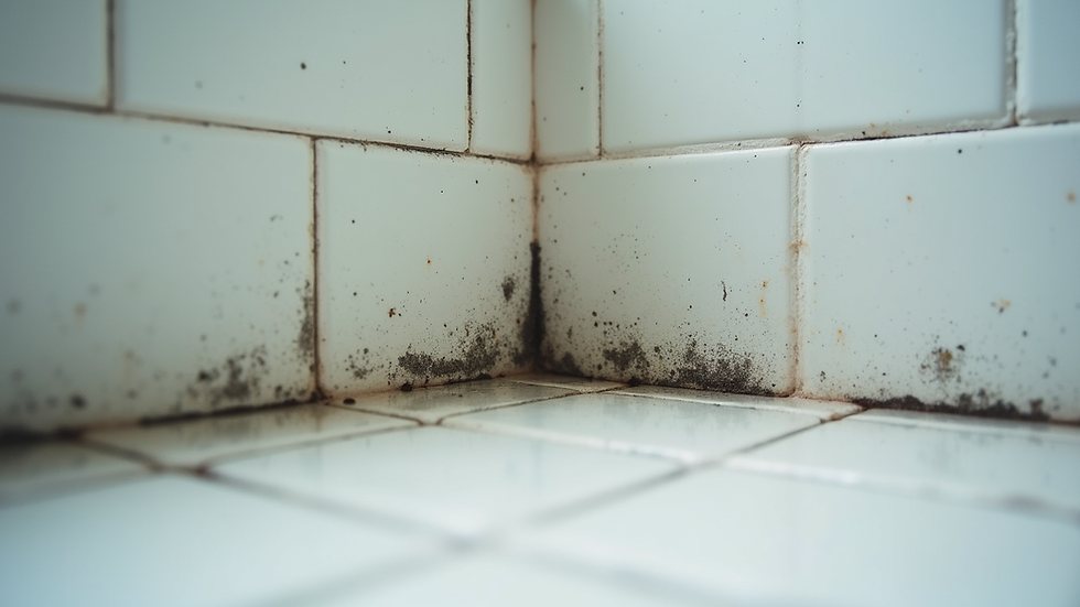 Eye-level view of a bathroom corner with visible mold on grout lines