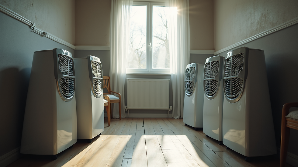 High angle view of fans and dehumidifiers set up in a room