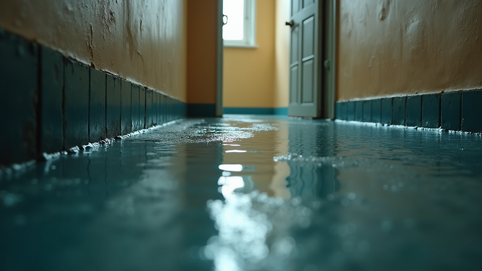 Eye-level view of a flooded basement floor with standing water
