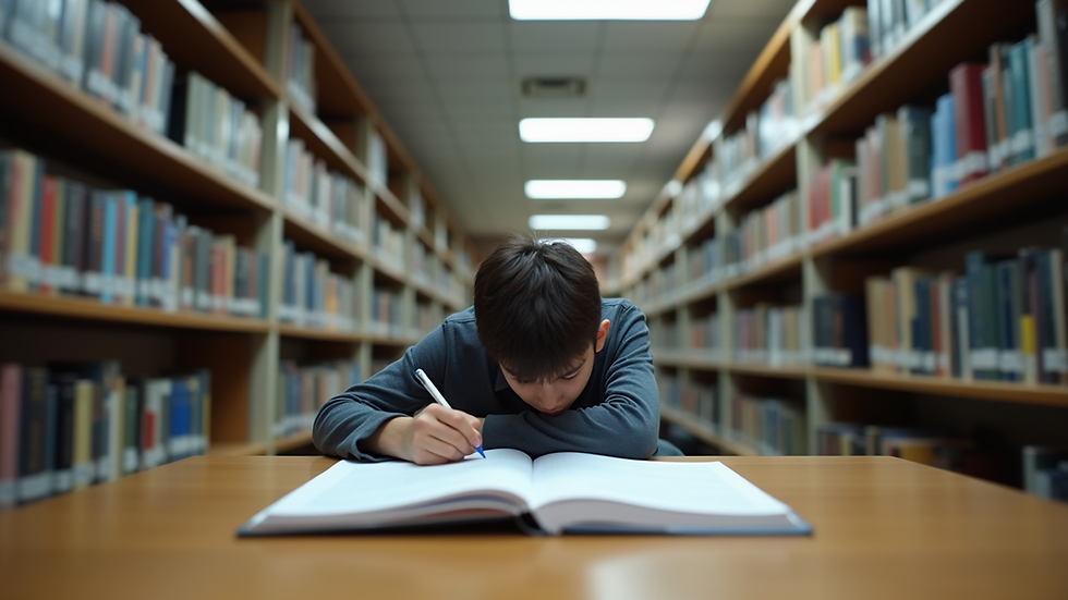 Eye-level view of a student studying in a library