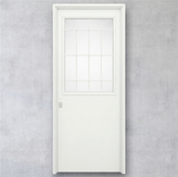 Puerta de chapa de seguridad Modelo 407 con paño fijo superior y reja de seguridad. Puerta de frente inyectada con poliuretano expandido.