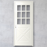 Puerta de chapa de seguridad Modelo X1. Diseño rústico con panel inferior en forma de cruz y vidrio repartido superior. Doble chapa inyectada.
