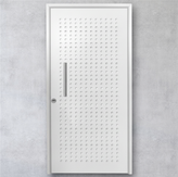 Puerta de chapa de seguridad Modelo 25. Diseño moderno con perforaciones decorativas. Puerta exterior inyectada con aislamiento y manijón de acero.