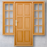 Portada principal modelo 806 en madera Okume Africano con seis tableros y dos laterales de vidrio repartido de Carpintería Total. Entrada clásica señorial.