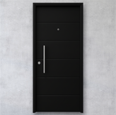 Puerta de chapa de seguridad Modelo 2200 negra. Diseño moderno con cinco líneas horizontales. Puerta ciega doble chapa inyectada.