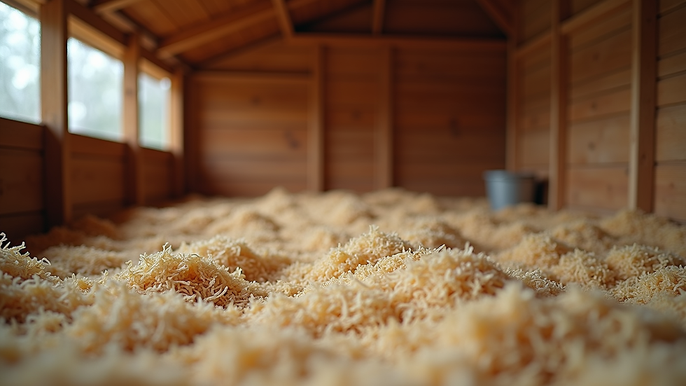 Eye-level view of a clean chicken coop with fresh bedding
