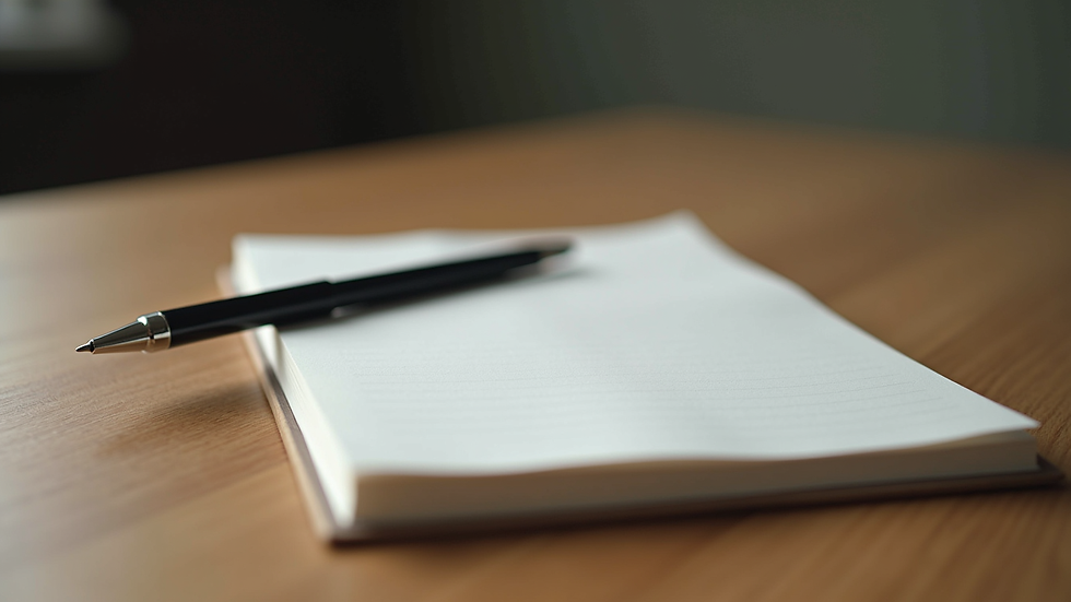Close-up view of a journal and pen on a wooden table