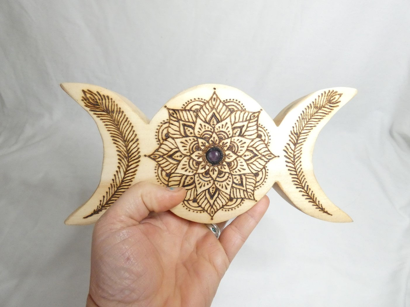 Wooden Triple Moon Amulet on English Poplar Wood with Fluorite Crystal