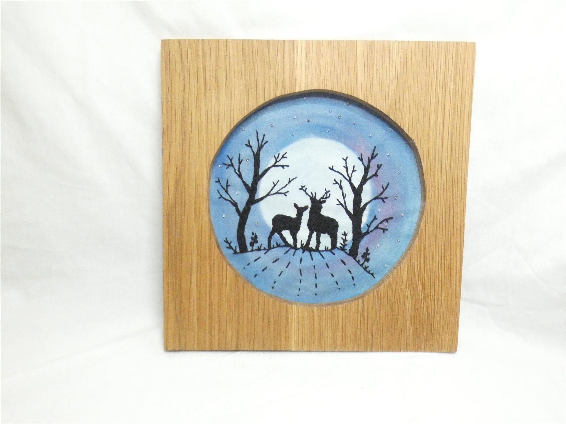 Moonlight Deer Original Hand Embroidery Framed Art