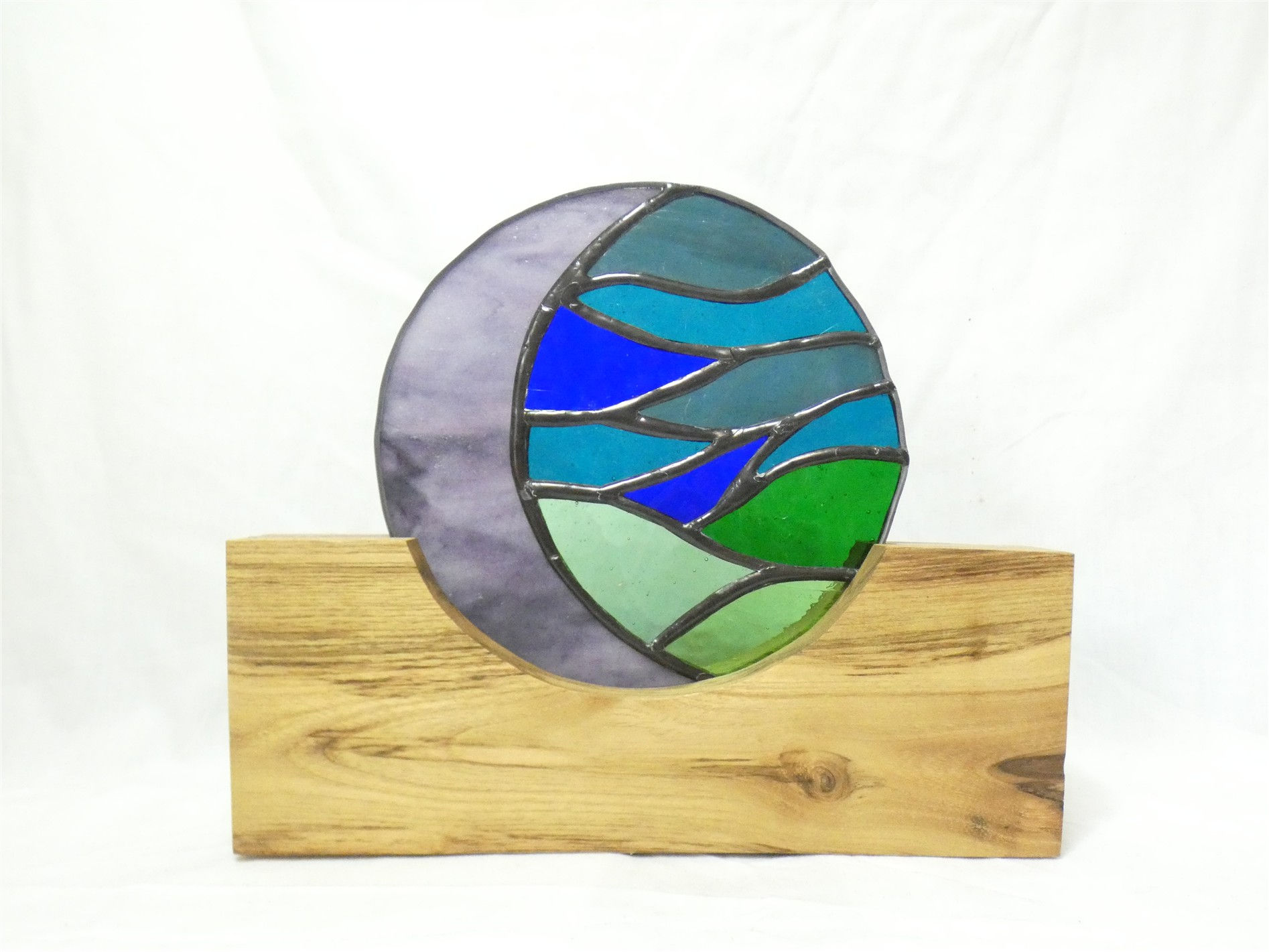Handcrafted Stained Glass Art Crescent Moon in Black Locust Wood Stand