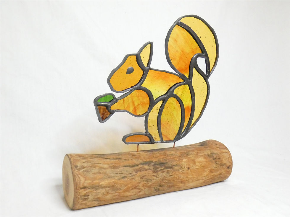 Thumbnail: Handcrafted Squirrel with Acorn Stained Glass Art on Lilac Wood Stand Artisan Gl