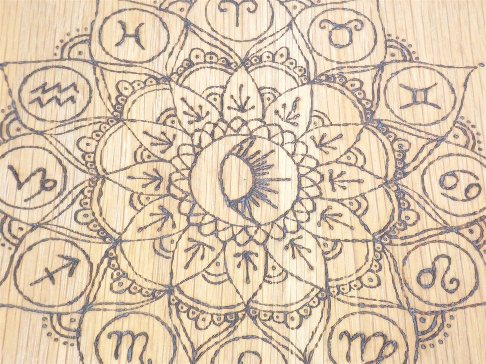 Thumbnail: Wooden Crystal Grid English Oak with Astrological Mandala Design