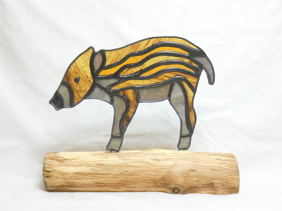 Thumbnail: Handcrafted Humbug Wild Boar Stained Glass Art on Lilac Wood Stand Artisan Glass