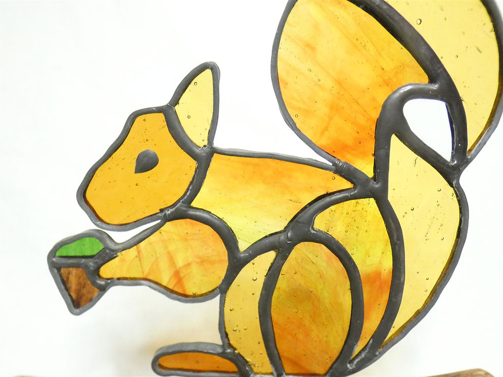 Thumbnail: Handcrafted Squirrel with Acorn Stained Glass Art on Lilac Wood Stand Artisan Gl