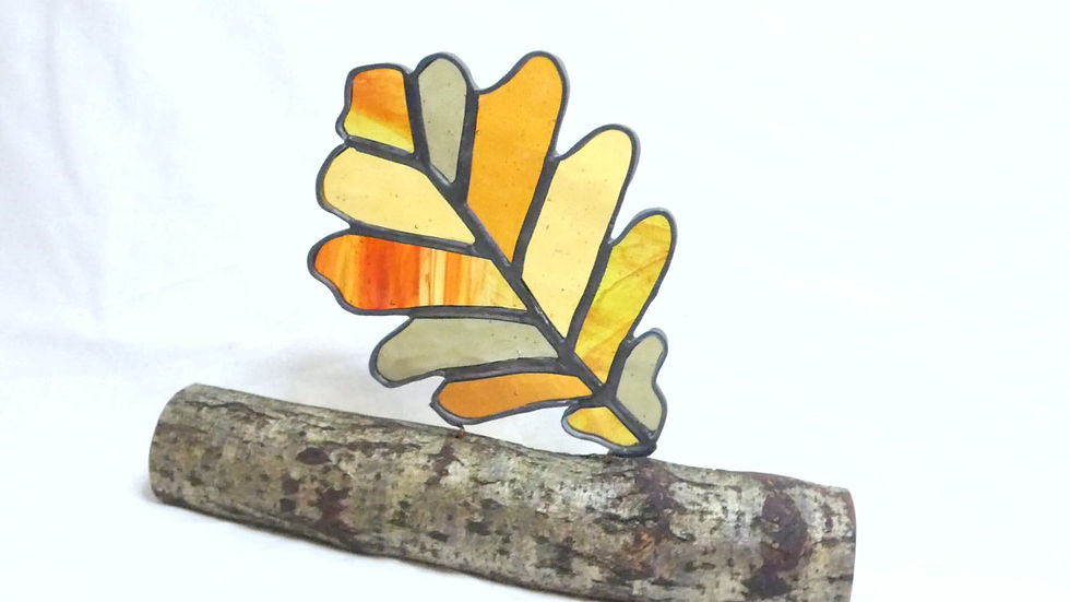 Thumbnail: Handcrafted Oak Leaf Stained Glass Art on Oak Wood Stand Artisan Glass