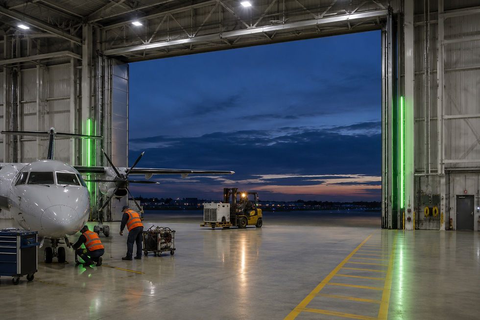 Aircraft hangar bay opening with LED visual warning system on door frame columns