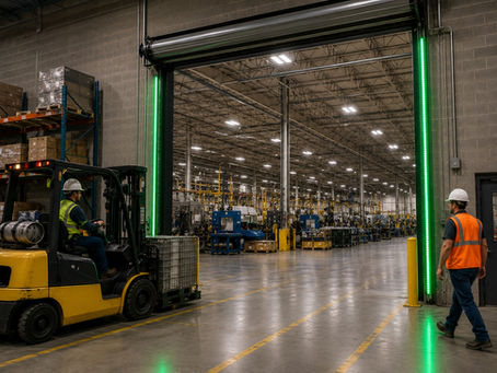 Wide-angle view of a busy manufacturing facility interior showing a large industrial overhead door in the open position