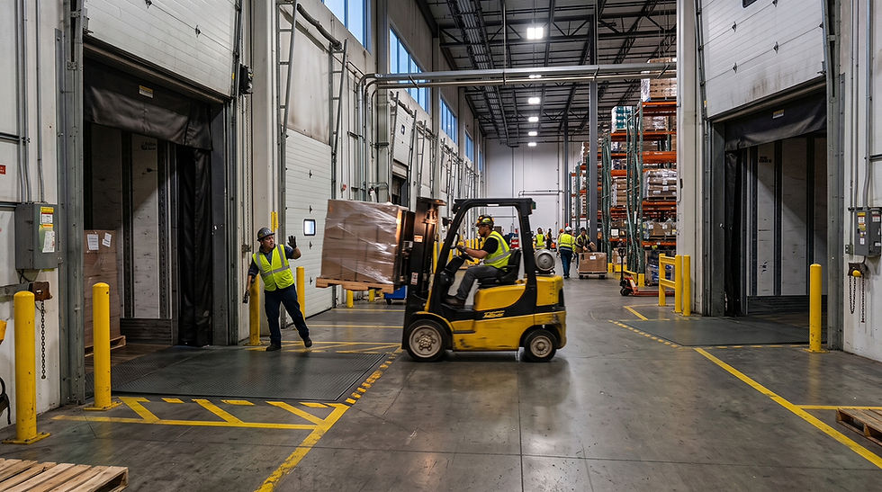 Wide interior shot of a busy distribution center loading dock at dusk shift change, a forklift operator braking hard as a pedestrian worker steps around a parked pallet near an overhead door threshold, motion blur on the forklift's wheels suggesting a sudden stop.