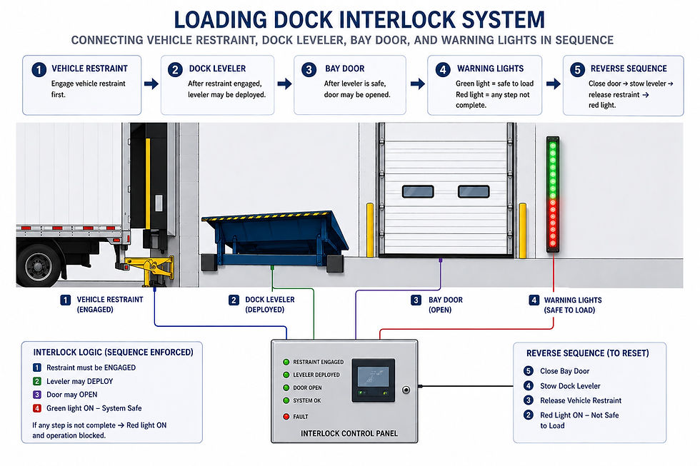 Loading dock red and green LED warning light system showing exterior driver signal and interior forklift signal