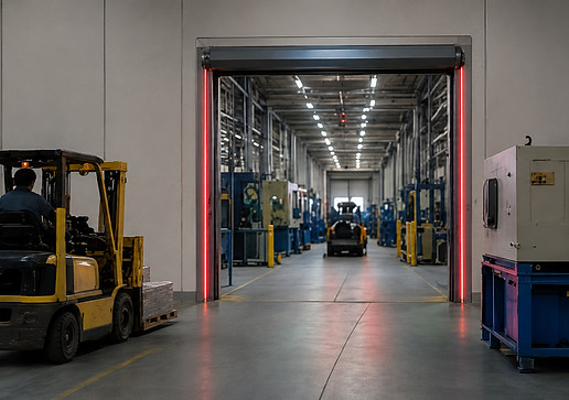 Forklift sees red traffic lights waiting for other forklift to pass