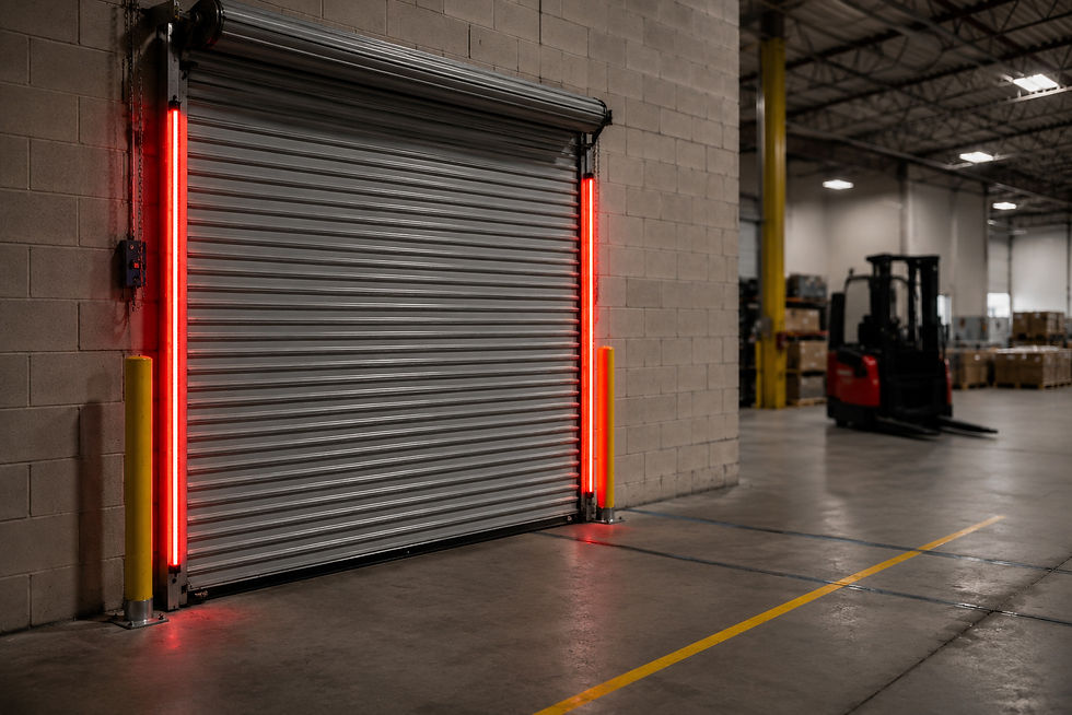 BrinkAlert Manual Door Light Kit installed on rolling steel door frame, red LEDs indicating door closed