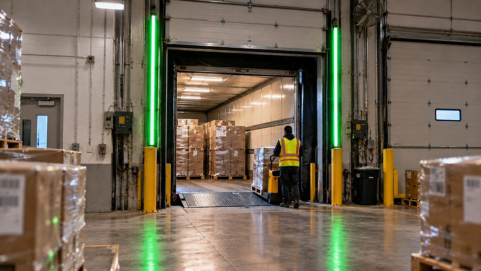 Loading dock worker placing pallet inside trailer