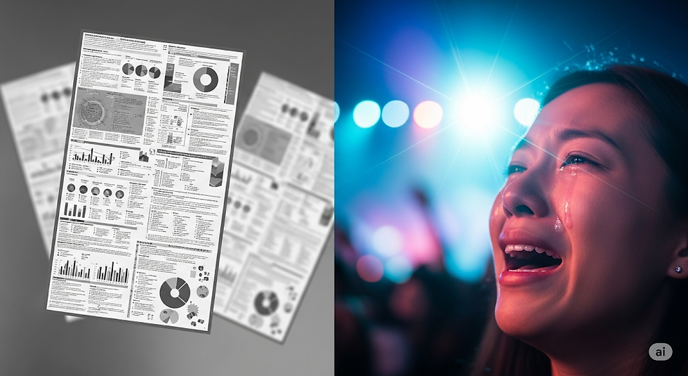 A split-screen comparison between dry graphs and numbers and an emotional epiphany in the middle of a concert.