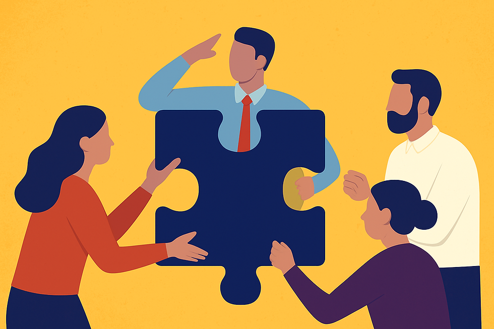 Four people collaborate to hold a large blue puzzle piece on a yellow background. The mood is cooperative and focused.