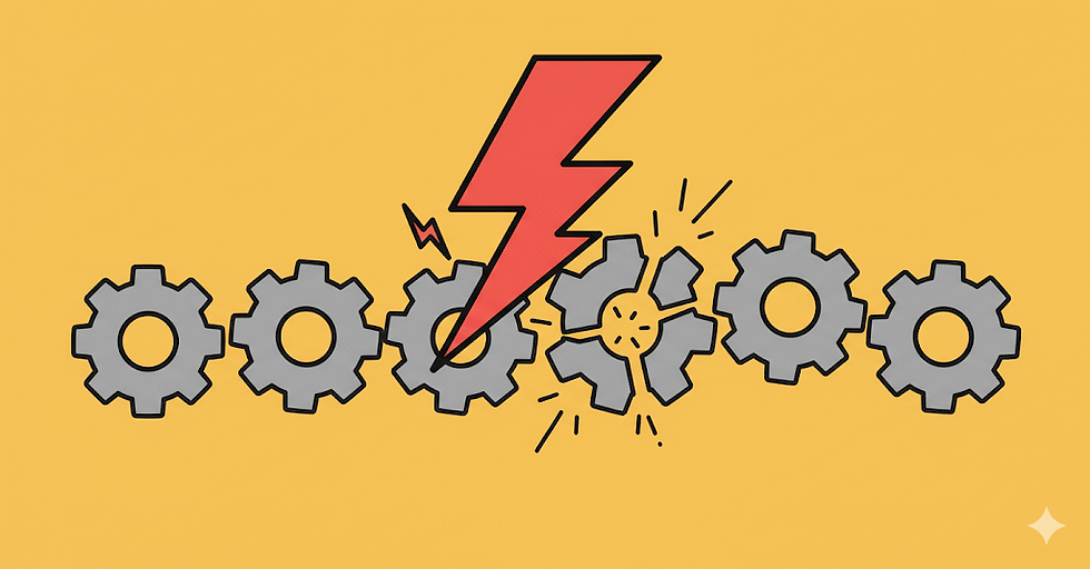Red lightning bolt strikes gray gears, breaking one, on a yellow background, symbolizing disruption. No text present.