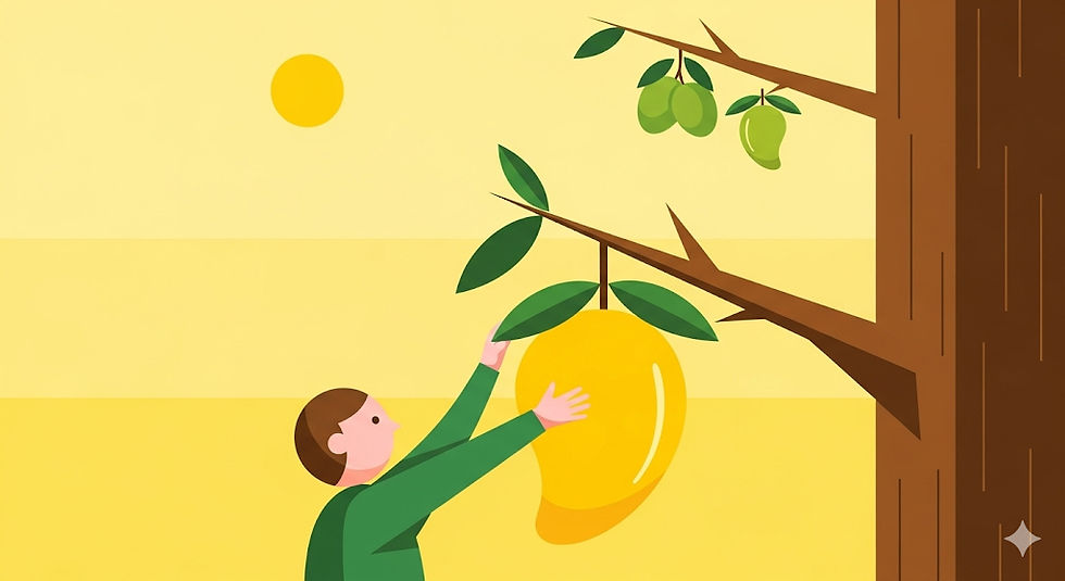 Person in green reaches for a large yellow mango on a tree against a sunny, striped yellow background. Mellow and simple illustration.