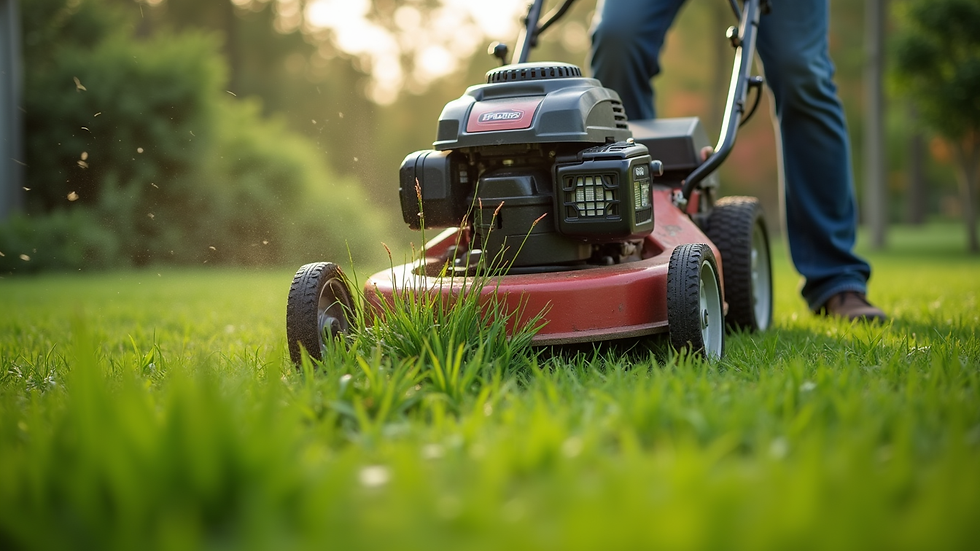 Close-up view of a brush cutter cutting thick grass on a small lot