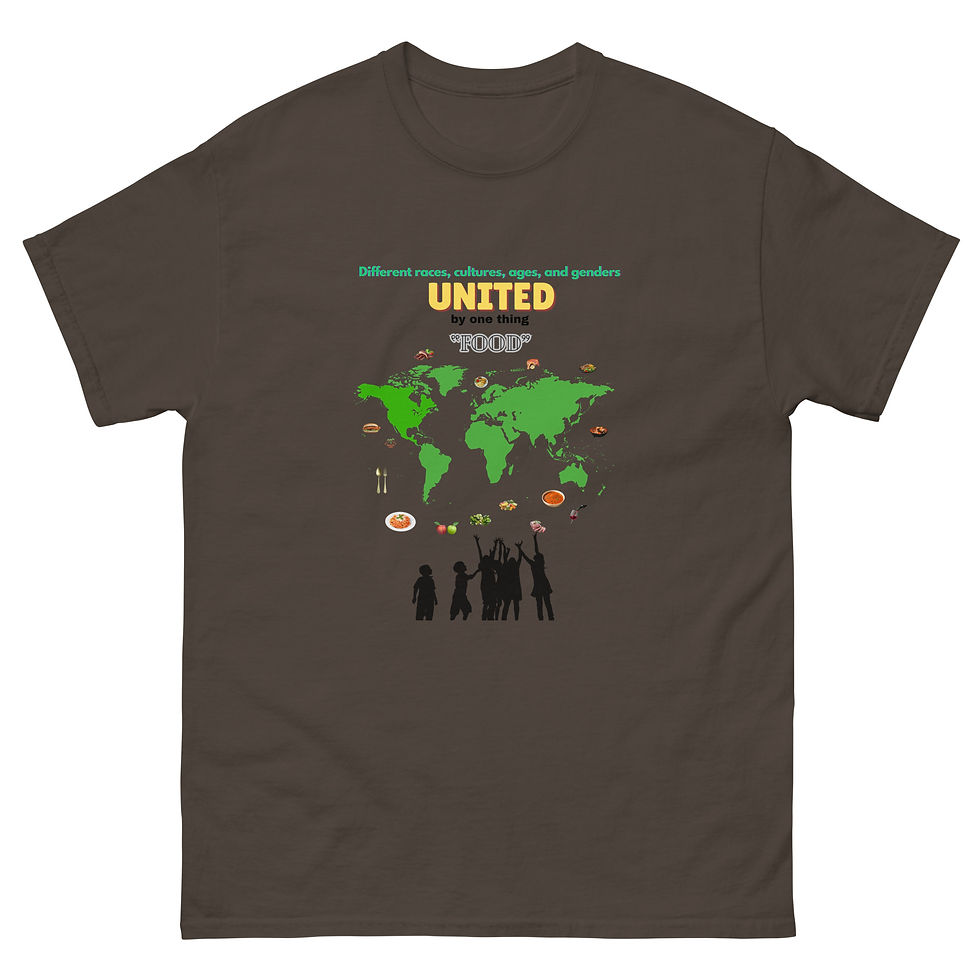 Miniatura: Brown t-shirt with a world map and the words United by FOOD on it
