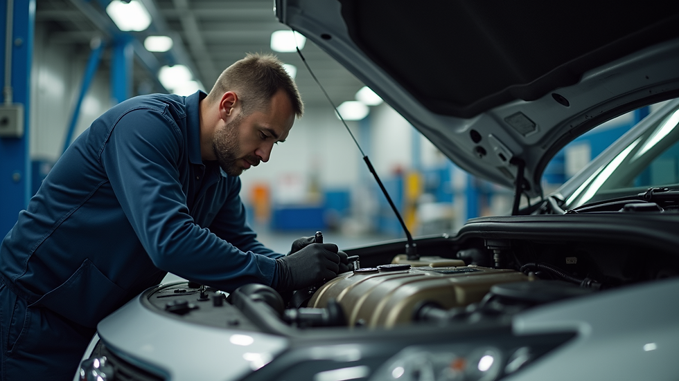 Eye-level view of a mechanic performing diagnostic checks on a vehicle engine