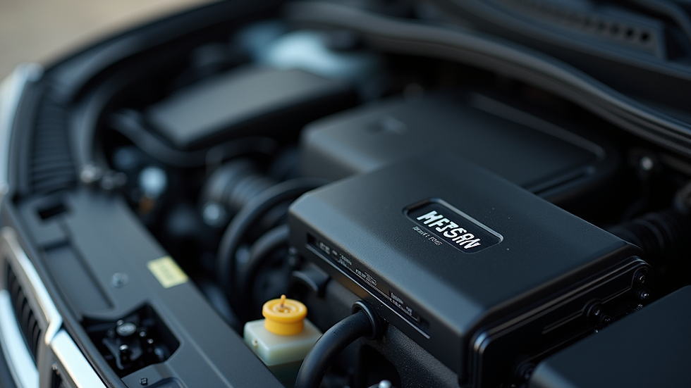 Close-up view of a car engine bay showing the ECU unit