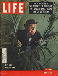 Man in a suit and hat peers through large leaves on "LIFE" magazine cover. Text highlights mushrooms and teen issues. Dated May 13, 1957.