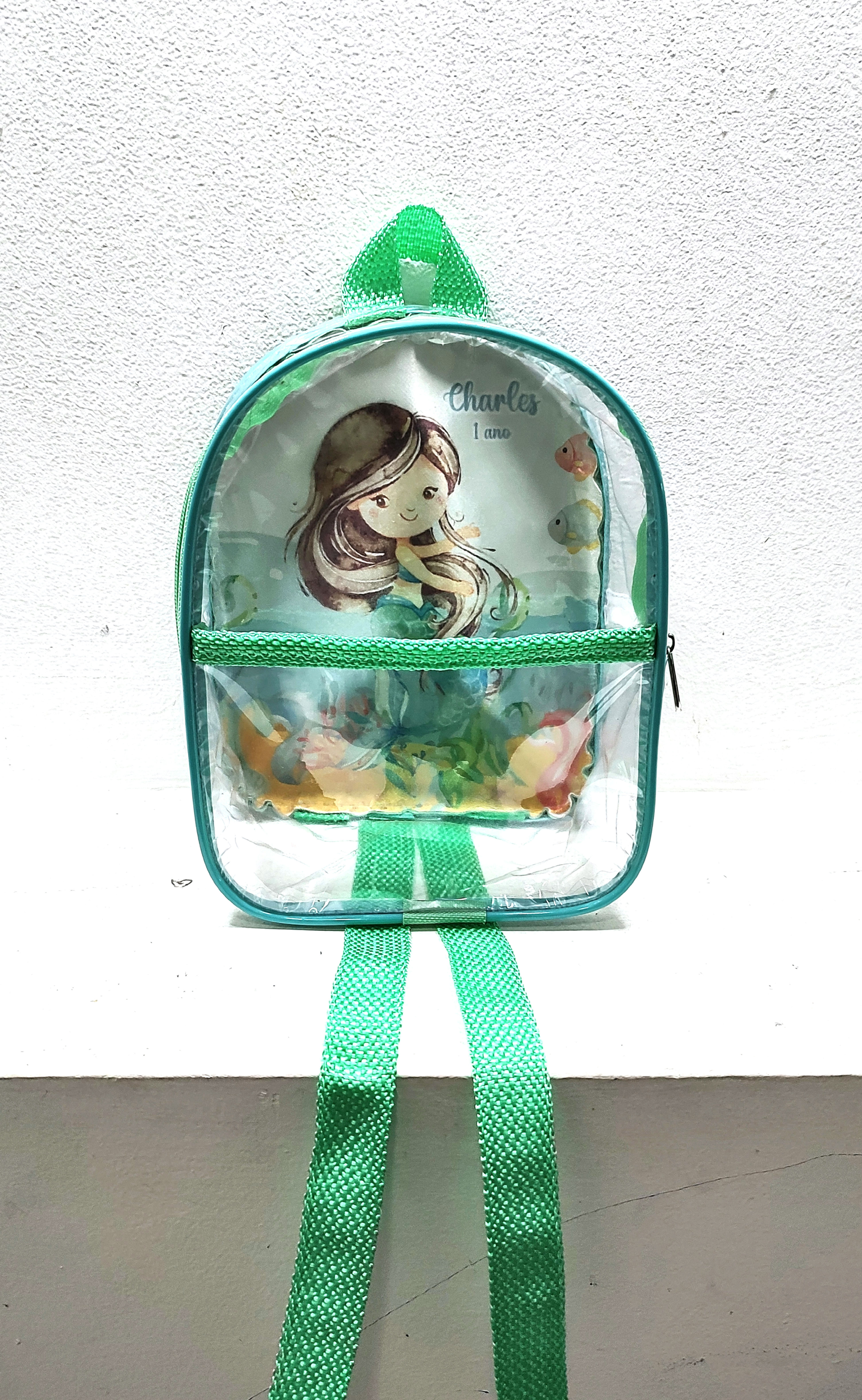 Mochila Personalizada Sereia Plástico Cristal com Bolso 