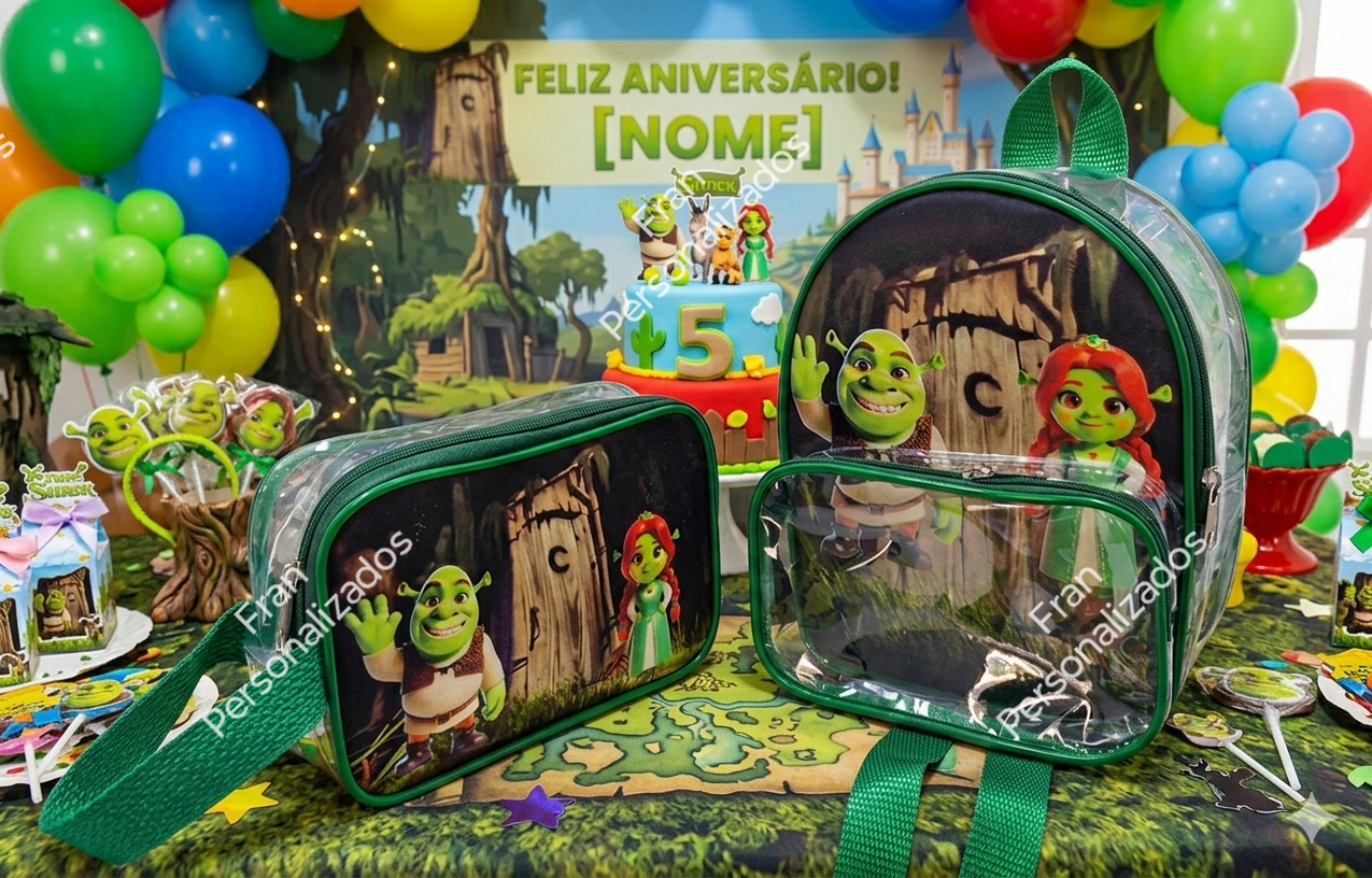 Mochila com Estojo Personalizada Sherek Bolso Frontal Plástico Cristal
