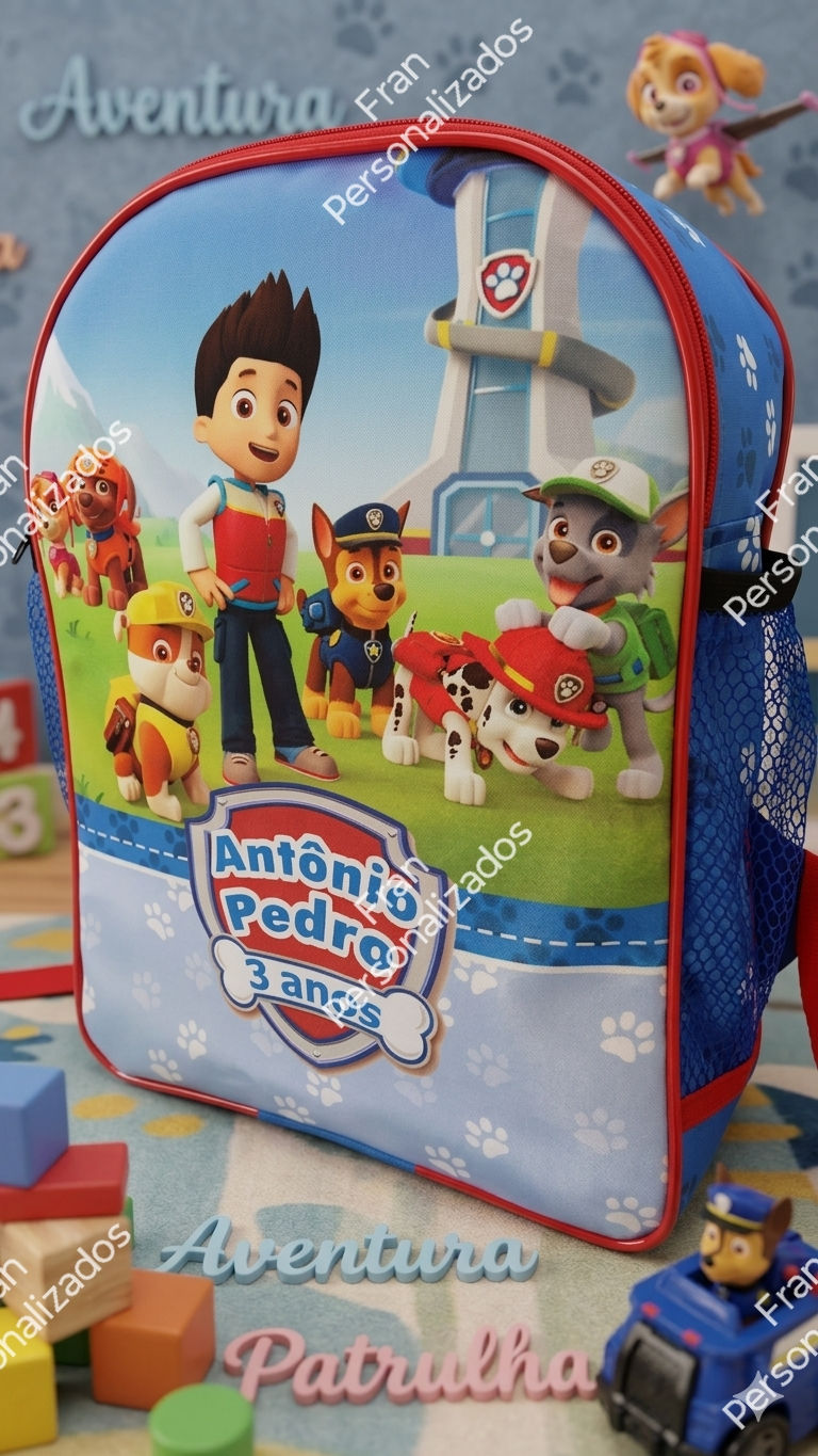 Mochila Média Personalizada Patrulha Canina Bolso Lateral