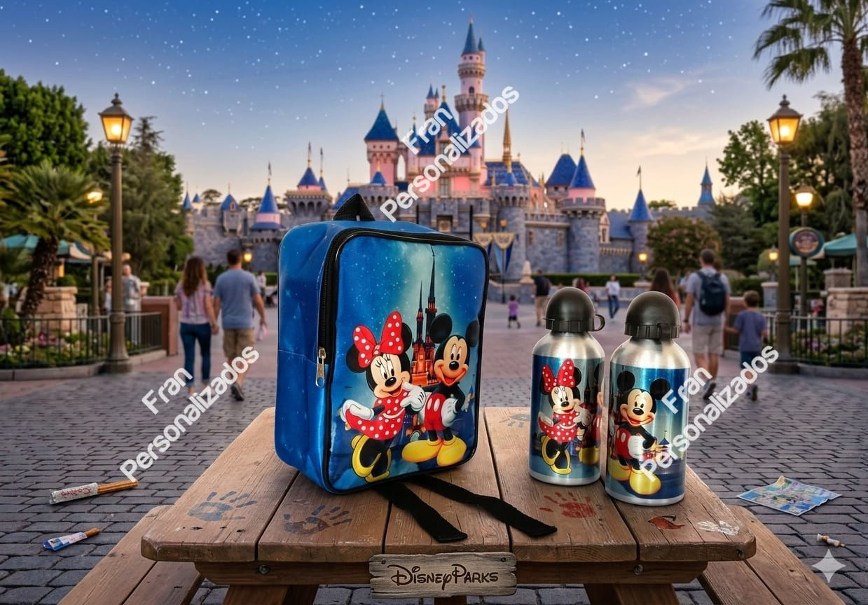 Mochila com Garrafa Personalizada Mickey e Minie Modelo Laterais Desenhadas