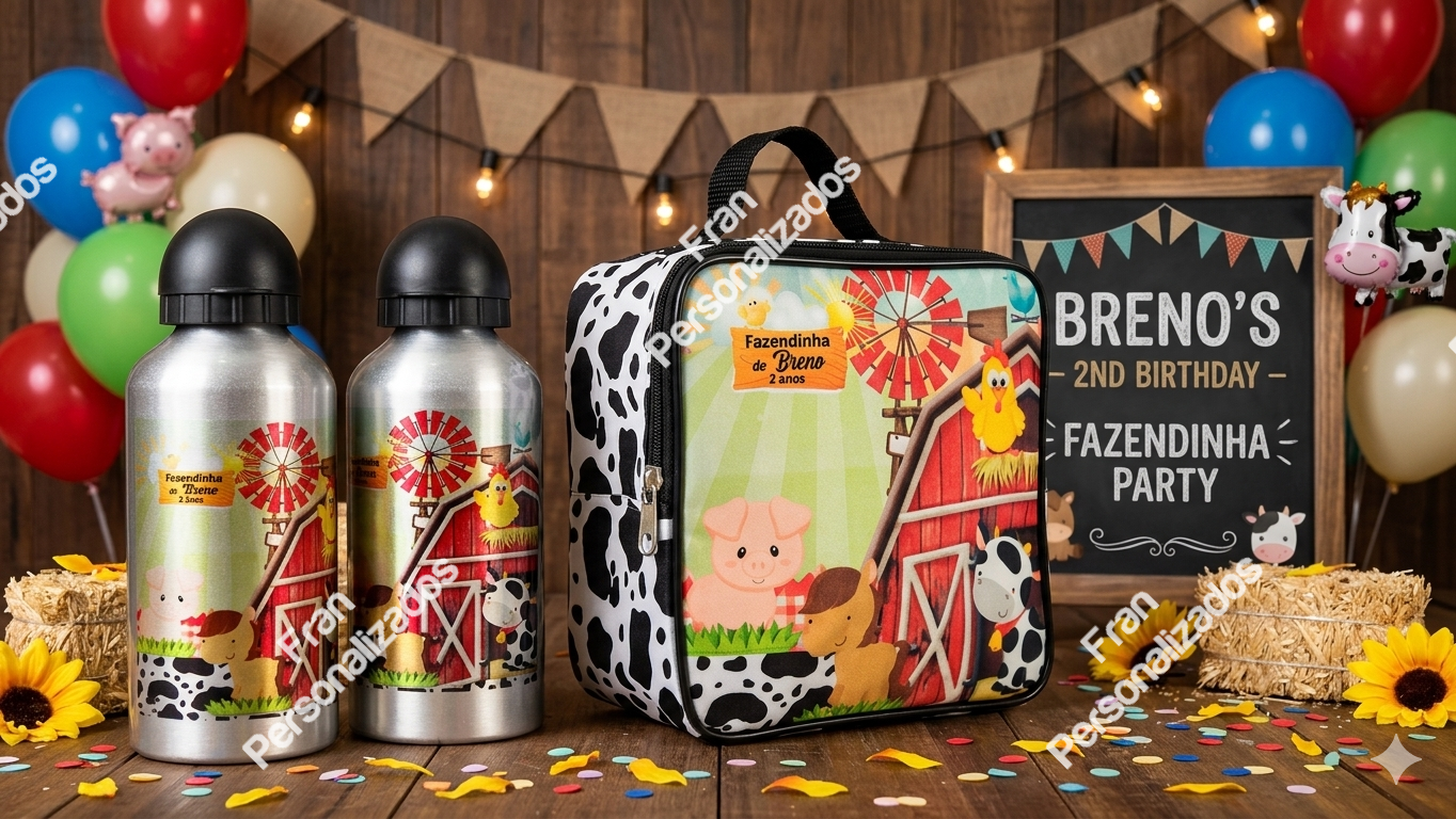 Kit Maletas Modelo Luxo com Garrafa Personalizada Fazendinha 