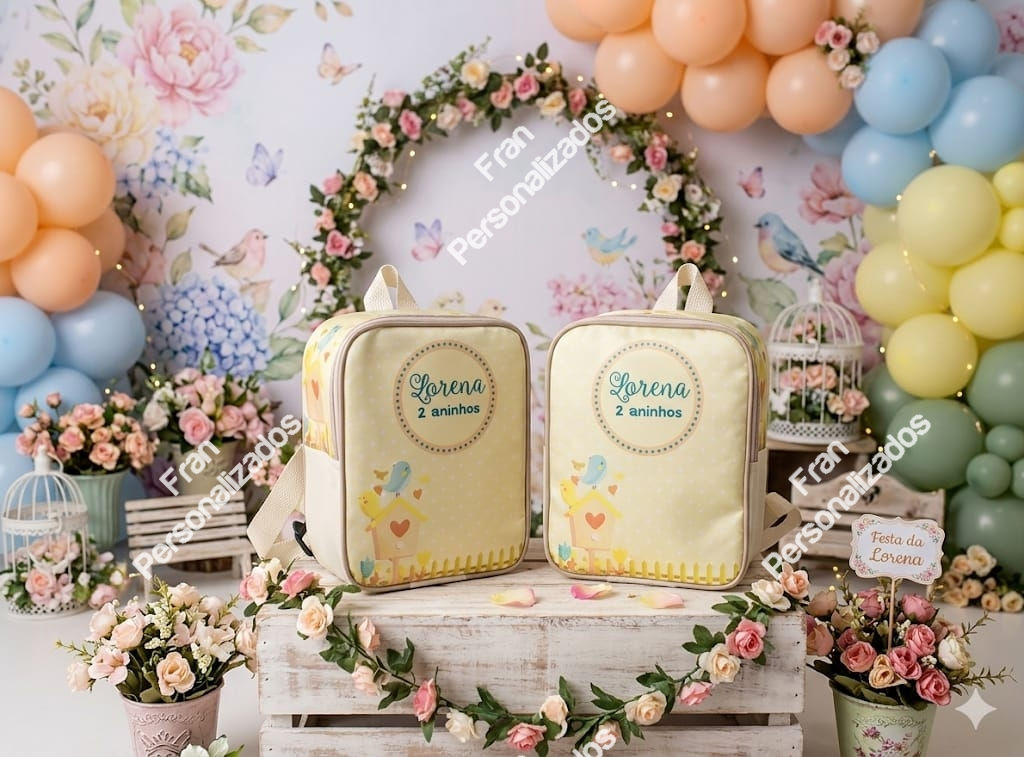 Mochila Personalizada Jardim de Pássaros Lateral Semi Desenhada