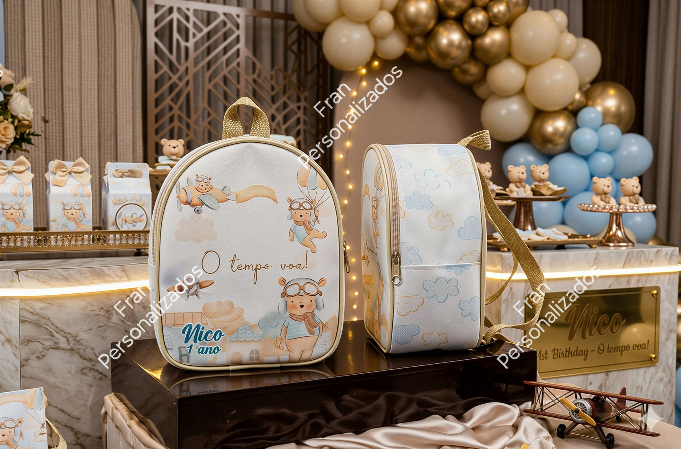 Mochila Personalizada Urso Aviador Modelo Laterais Desenhadas