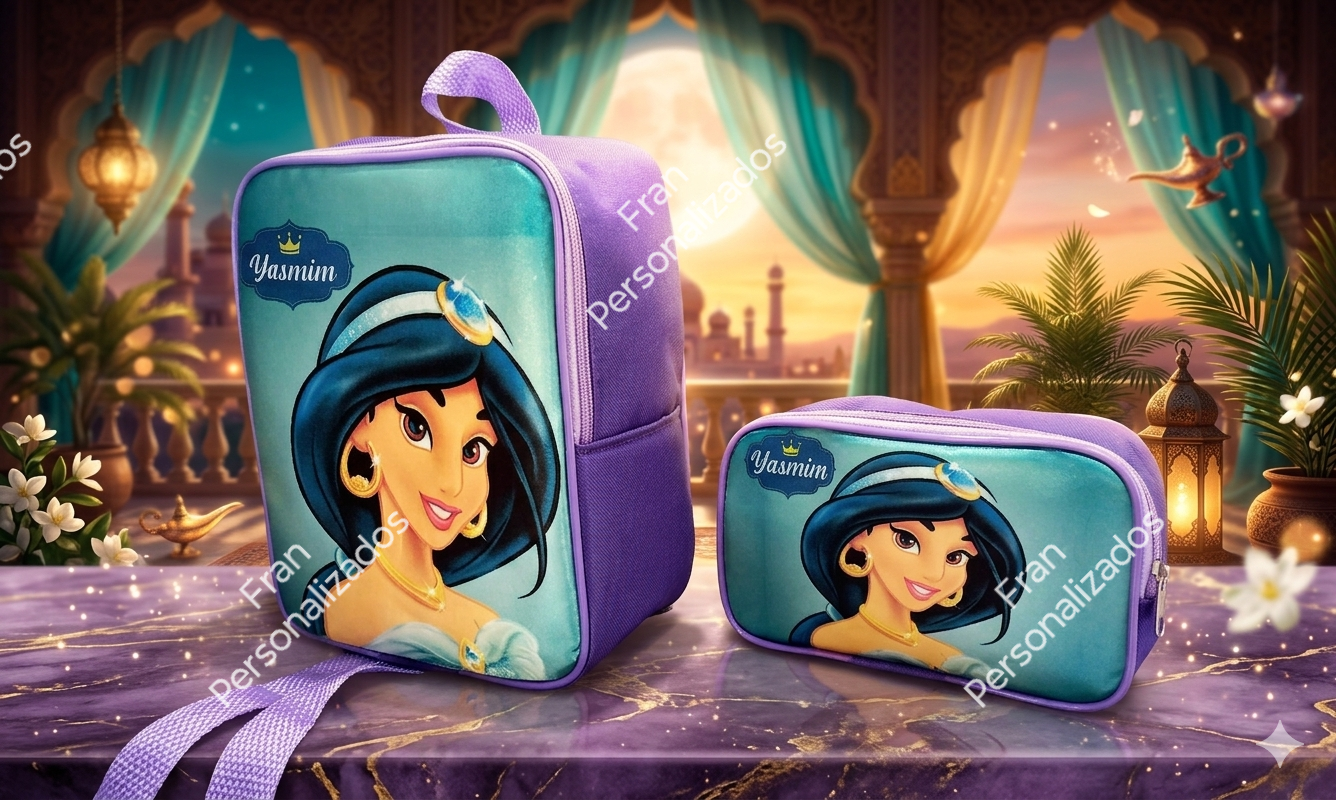 Mochila com Estojo Personalizado Aladim e Jasmine