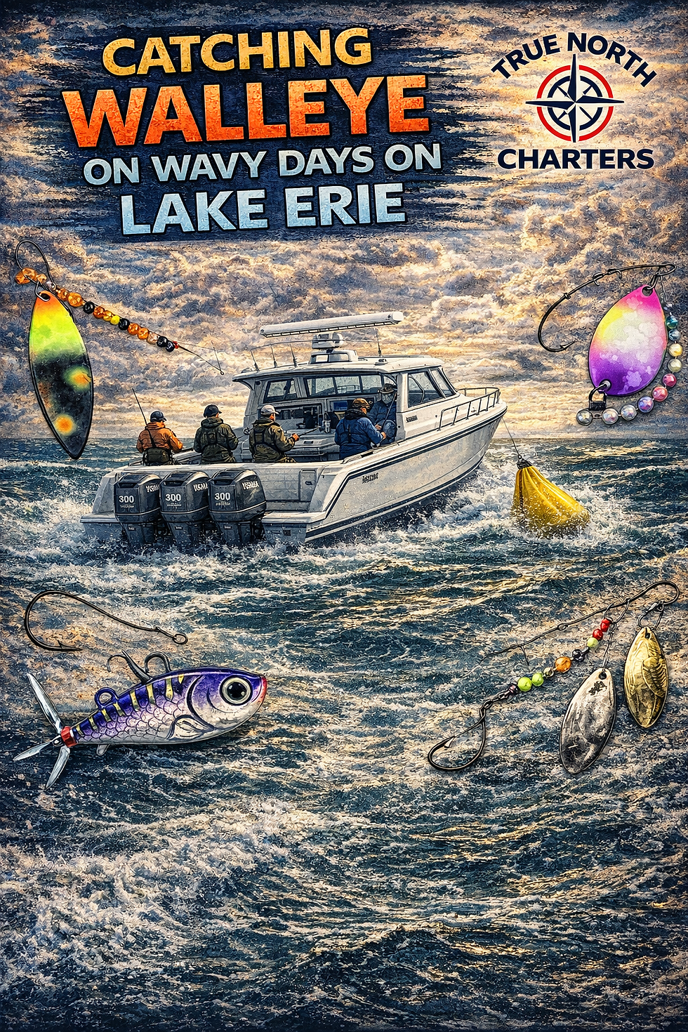 Boat on wavy Lake Erie, anglers fishing. Text: Catching Walleye on Wavy Days. Colorful lures and logo for True North Charters visible.