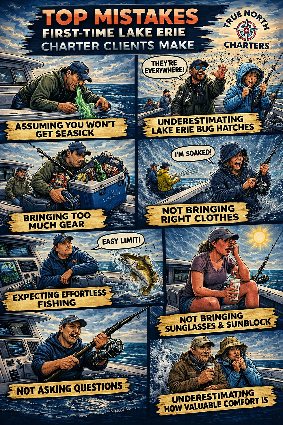 Comic-style illustration of fishing mistakes on Lake Erie, depicting seasickness, bugs, and inadequate gear. Includes humorous captions.