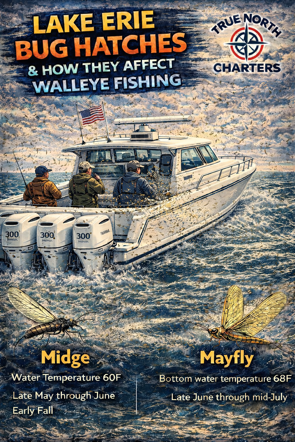 Fisherman on a boat walleye fishing in a Lake Erie bug swarm