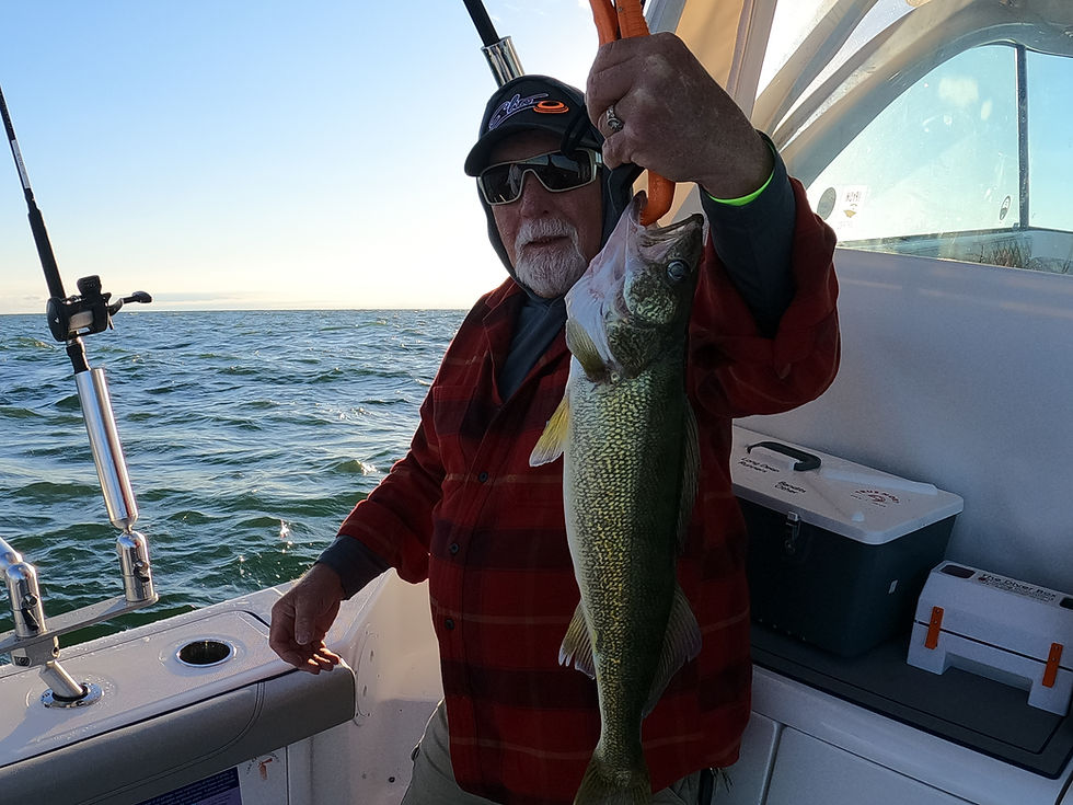 Man in red shirt holding a nice walleye