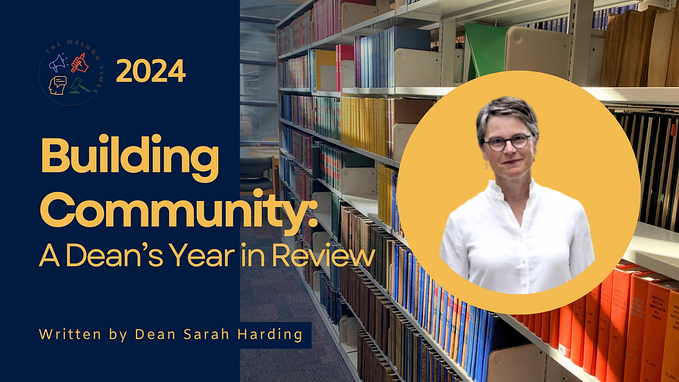 Portrait of Dean Sarah Harding (Photo credit: Nick Pearce)) in front of Law Library books. Text reads, "Building Community: A Dean's Year in Review. Written by Dean Sarah Harding."