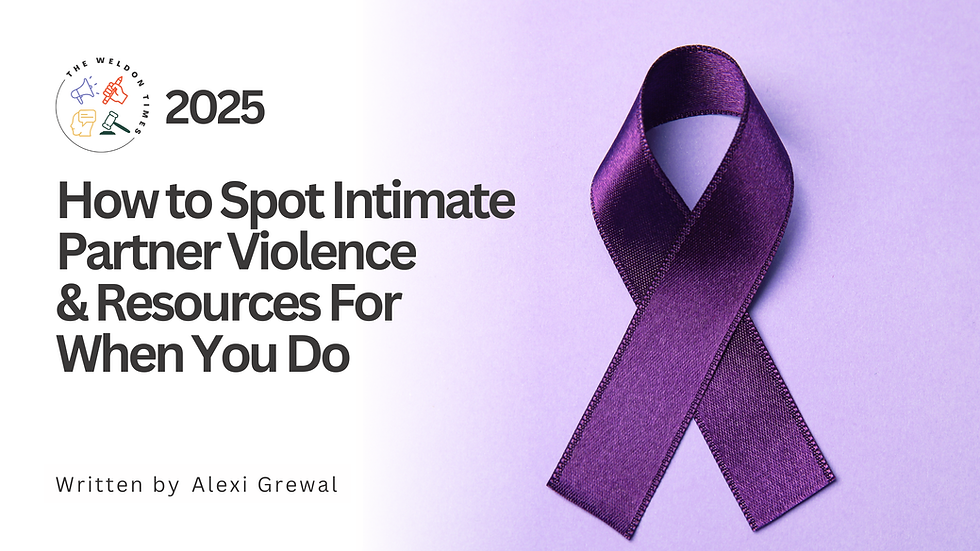 A purple ribbon for IPV. Text reads, "How to Spot Intimate Partner Violence & Resources For When You Do. Written by Alexi Grewal"